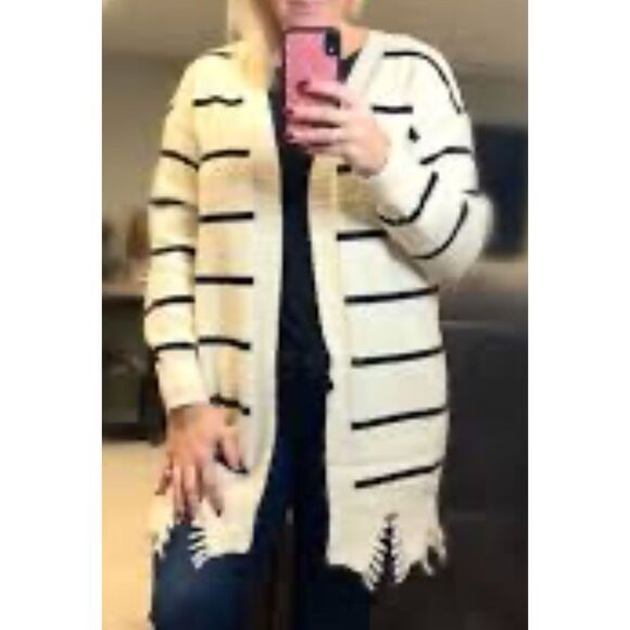 Jodifl Women's White Striped Fringed Bottom Open Front Cardigan Sweater sz S Coz - Picture 2 of 6